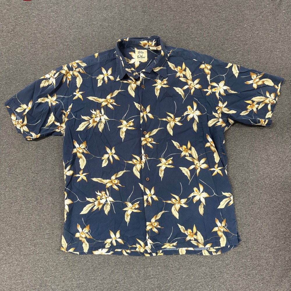 Vintage Pau Hana Hawaii Floral Shirt Mens XL Navy Blue Good Short Sleeve Orchid